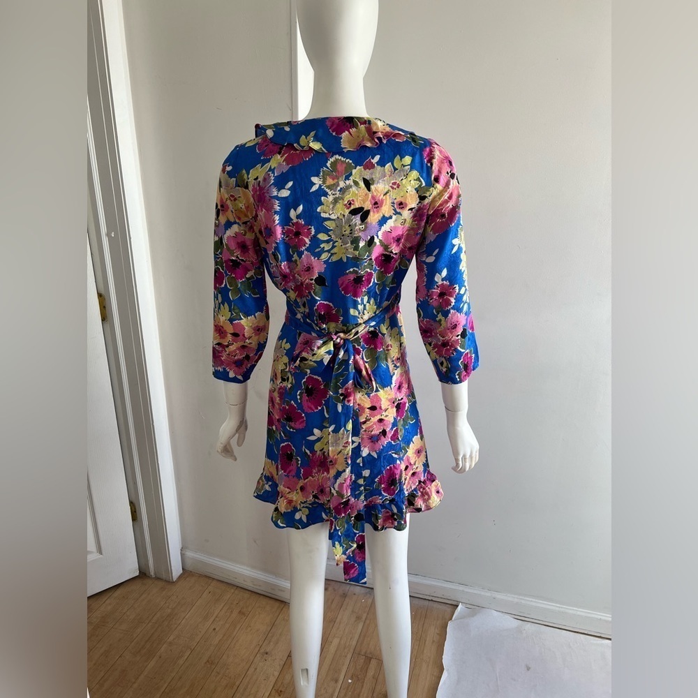 Sezane Asianne Wrap Blue Multicolor Floral Dress 34 US 2 Bohemian Coastal Ruffle - Picture 5 of 9